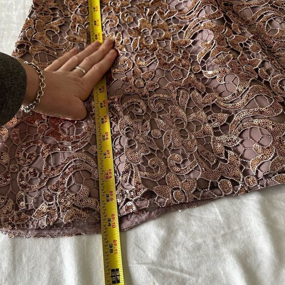 NWT BELLE BADGLEY MISCHKA Rose Gold Sequin Crochet Pink Shift Dress Size 4 - Picture 9 of 10